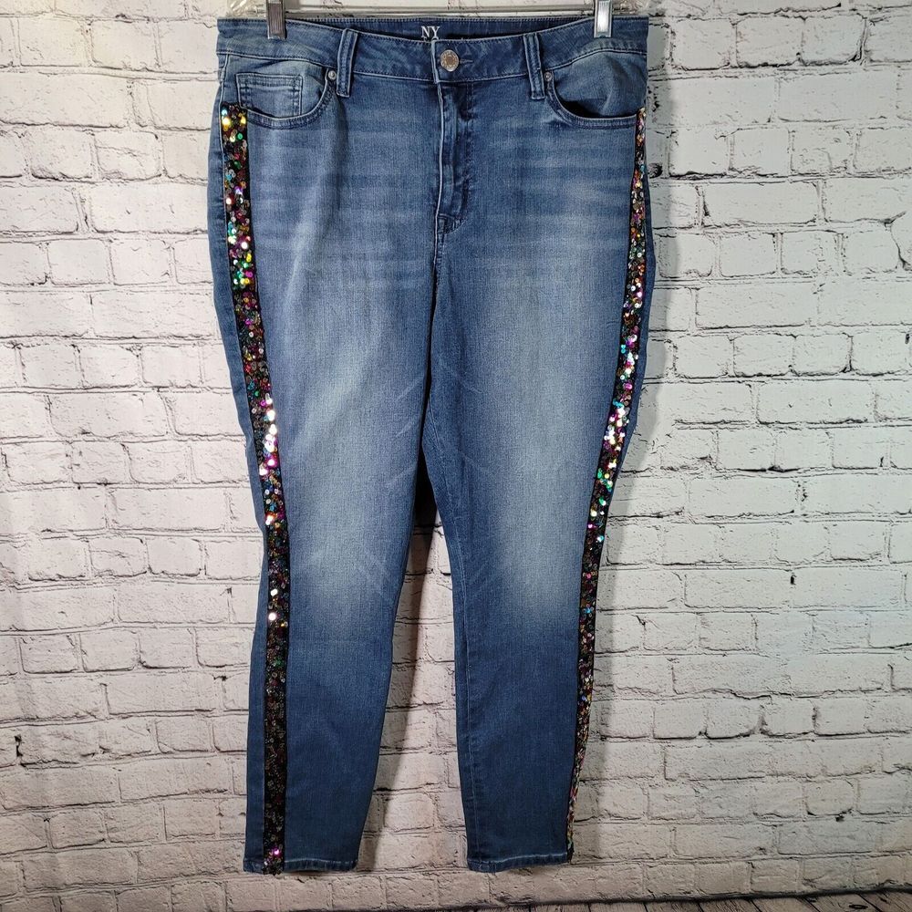 NY&C Sequin Side Stripe Skinny Jeans Womens 16 Blue NWT Tuxedo Stretch Denim